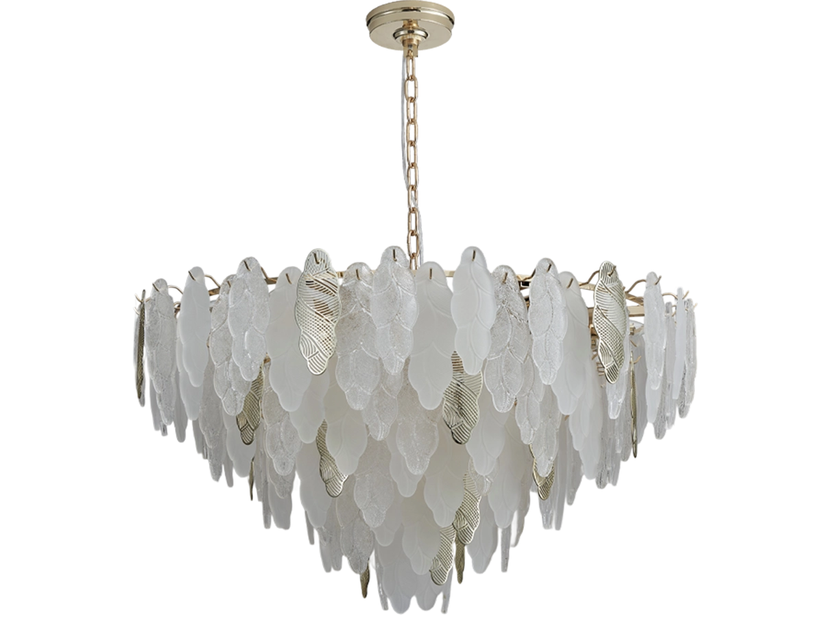 Glass lighting fixtures with layered elements and precise craftsmanship that create soft and decorative lighting in the interior.
